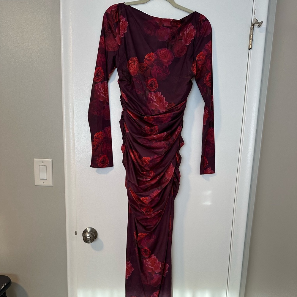 House of CB Wine Red Rose Print Ruched Long Sleeve Maxi Dress